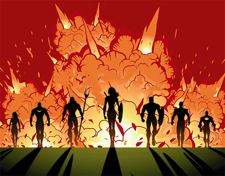 superheroes walking away from an explosion